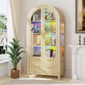 LVSOMT 71' Tall Arched Storage Cabinet with Glass Doors and Drawers, Curio Display Cabinet with Adjustable RGB Light & Human Sensor, 4-Tier China Cabinet for Living Room(Wood)