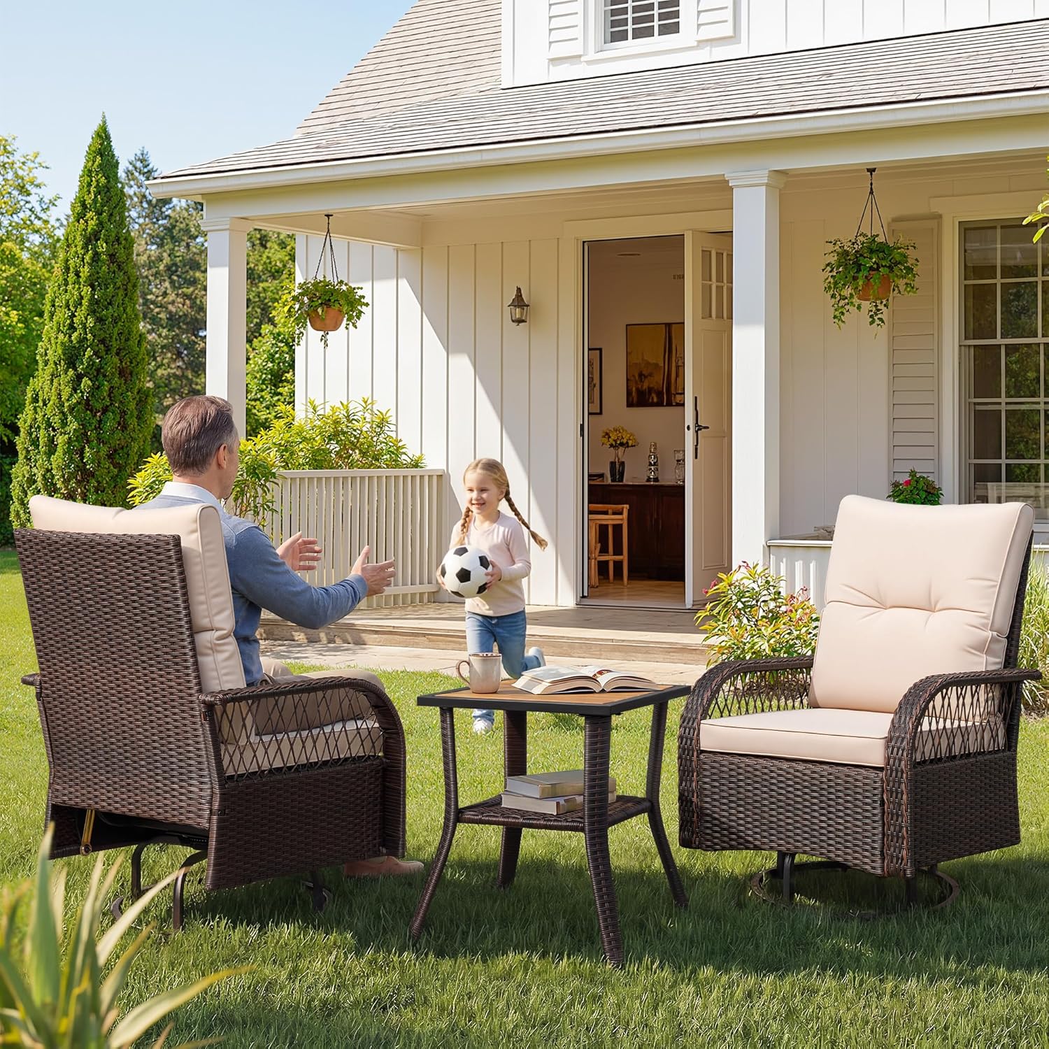Devoko Patio Furniture Set Outdoor 3 Pieces Wicker Swivel Rocking Chairs Set of 2 with Coffee Table, Patio Conversation Set for Porch, Balcony, Deck, Garden (Brown)