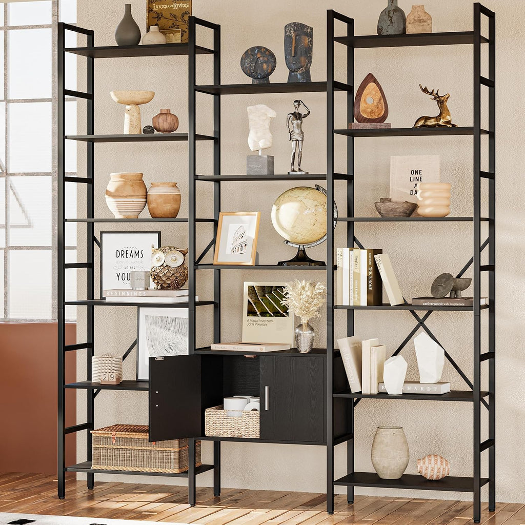 70x78 ' Triple 6 Tier Book Shelf, Industrial Large Bookcase with Storage Cabinet, Tall Bookshelf with 16 Open Display Shelves Metal Frame Furniture for Living Room Bedroom Home Office Black