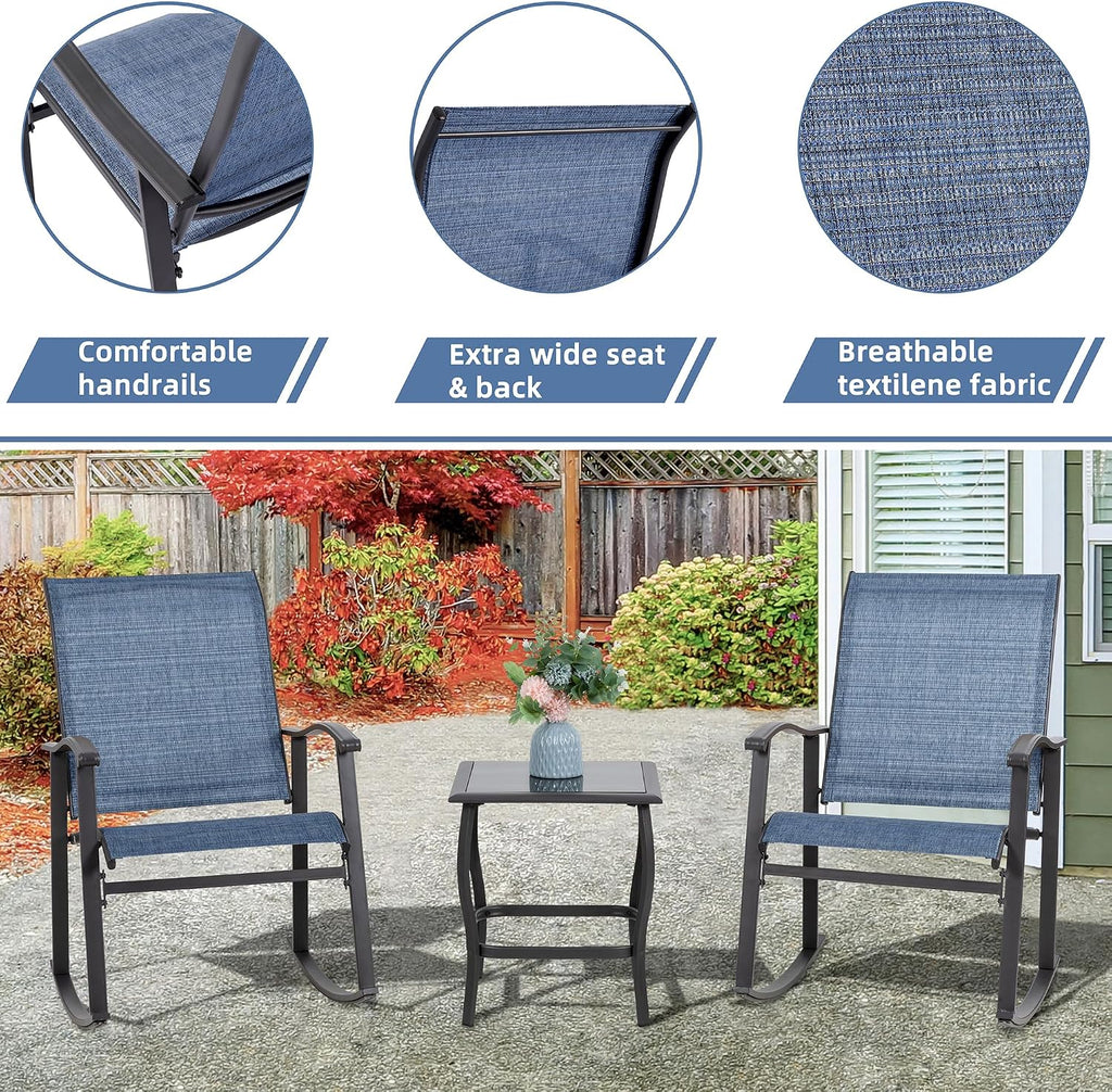 Vongrasig 3 Piece Outdoor Rocking Bistro Set, Textilene Fabric Small Patio Furniture Set, Front Porch Rocker Chairs Conversation Set with Glass Table for Lawn, Garden, Balcony, Poolside (Denim Blue)