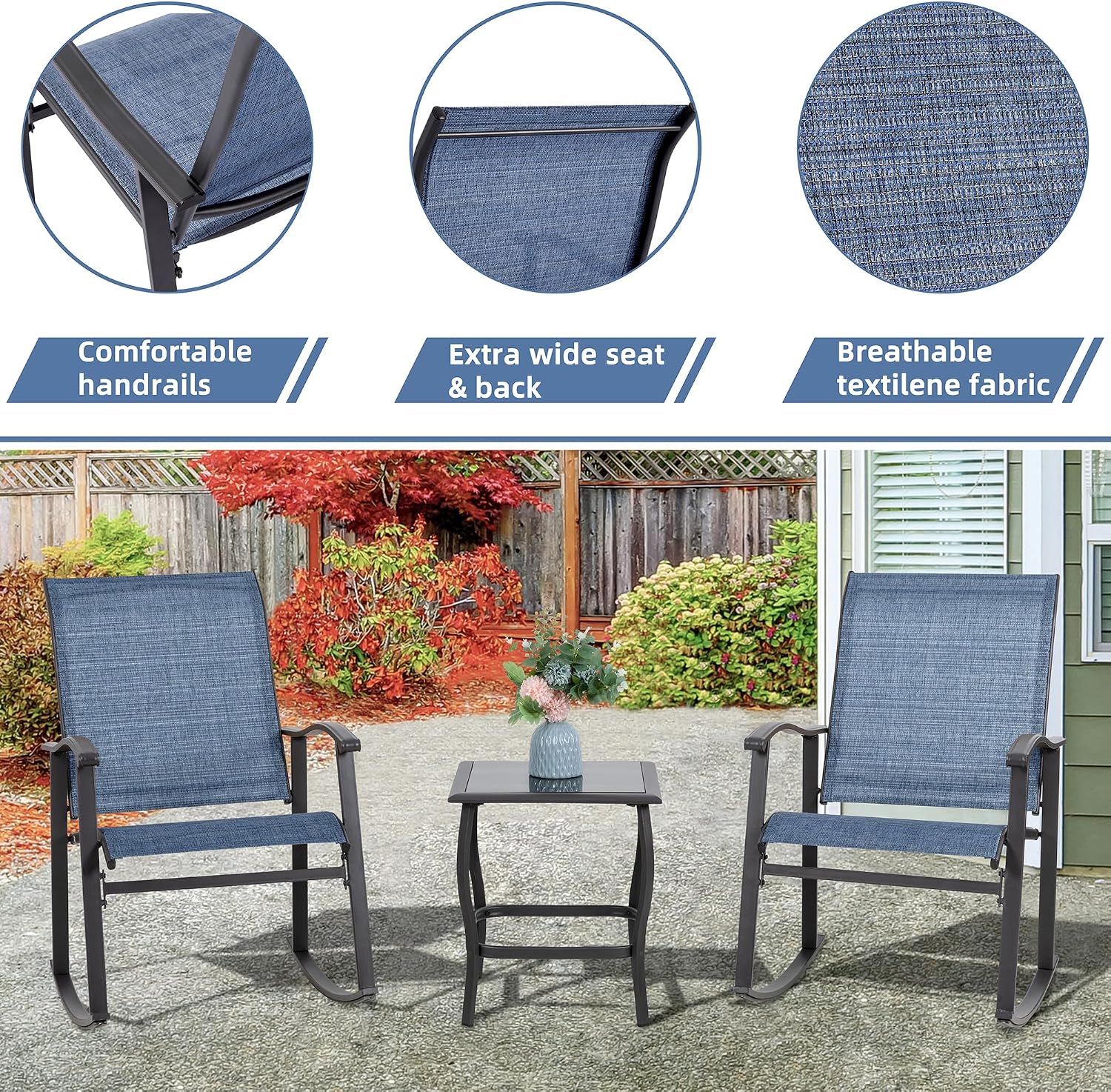 Vongrasig 3 Piece Outdoor Rocking Bistro Set, Textilene Fabric Small Patio Furniture Set, Front Porch Rocker Chairs Conversation Set with Glass Table for Lawn, Garden, Balcony, Poolside (Denim Blue)