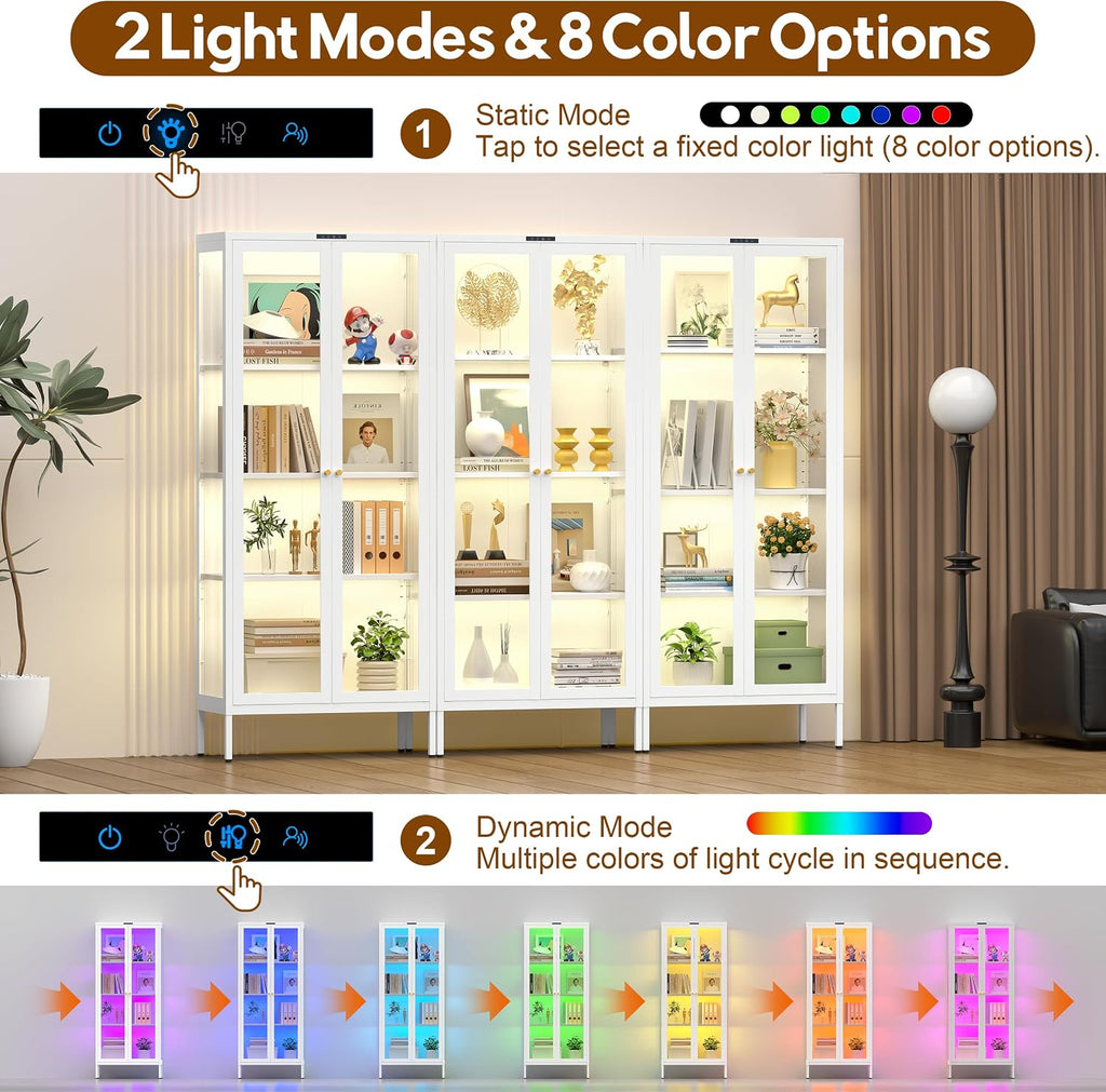 UNICOLY Display Cabinet with Glass Doors, Glass Display Cabinet with 8 Color LED Lights, Curio Display Cabinet with 3 Shelves for Living Room, Plant, Display Shelf, Assembly Required, White
