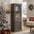 65' Tall Bookcase with Tempered Glass Door, Elegant Freestanding Display Cabinet with Drawer, Modern Wooden Kitchen Pantry Storage Cabinets for Living Room/Office(Brown)