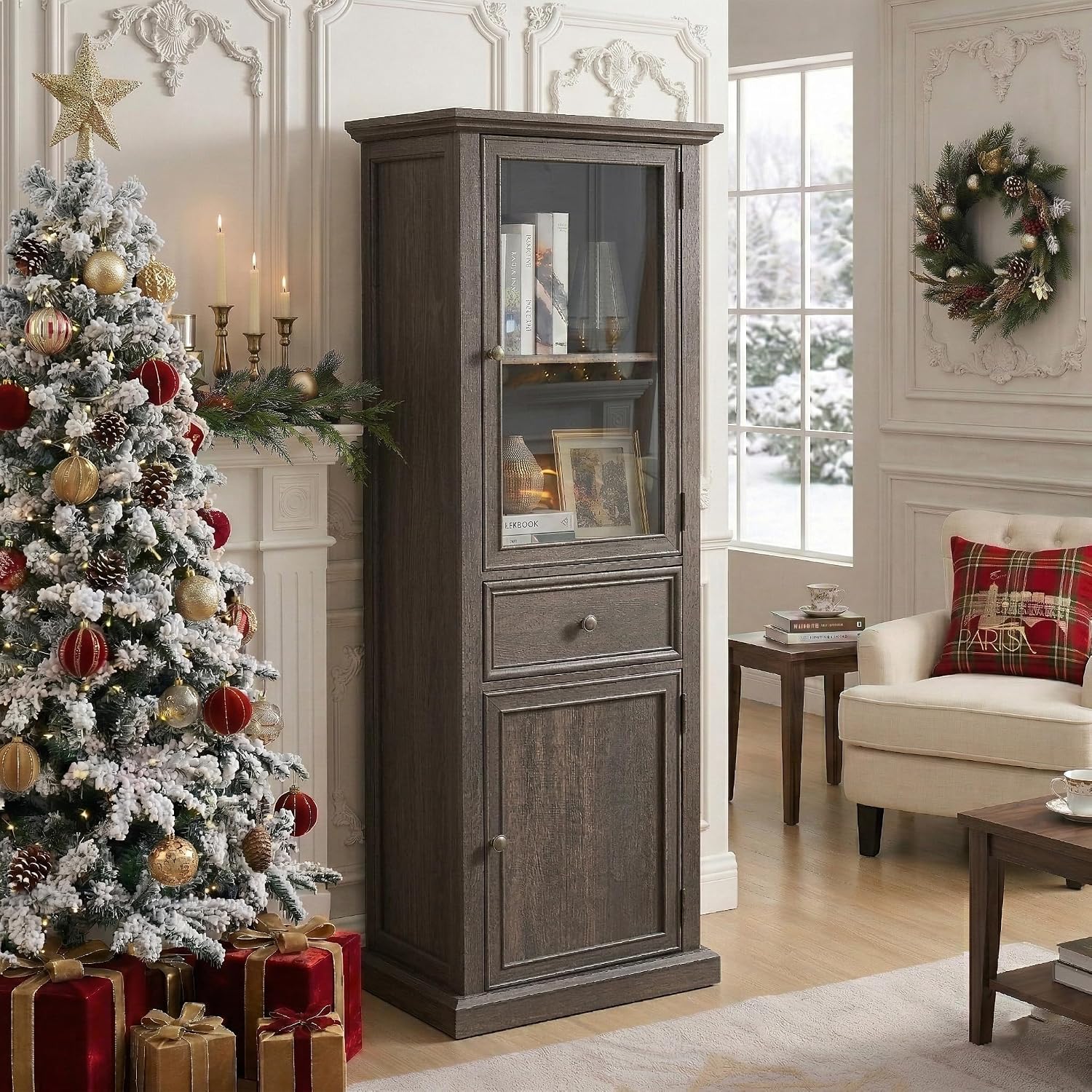 65' Tall Bookcase with Tempered Glass Door, Elegant Freestanding Display Cabinet with Drawer, Modern Wooden Kitchen Pantry Storage Cabinets for Living Room/Office(Brown)