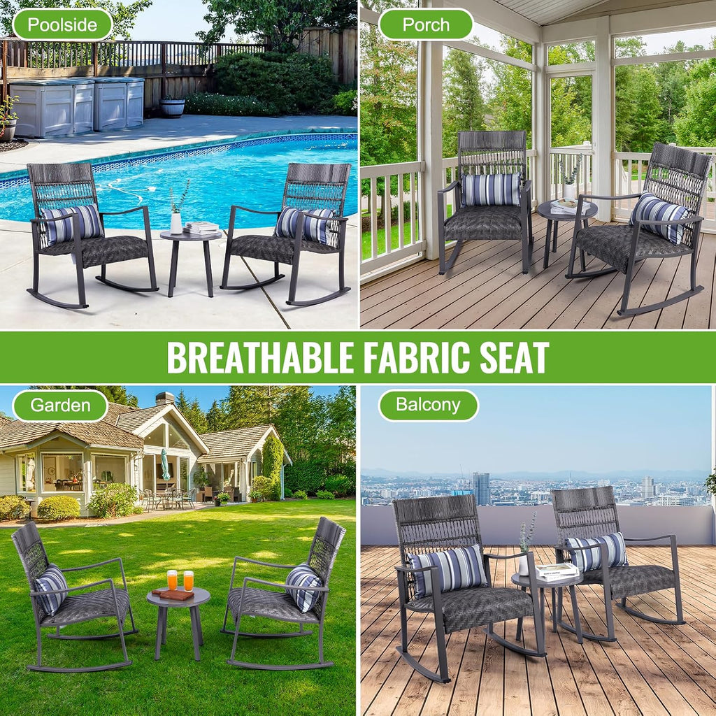 Backyard Expressions 3-Piece Wicker Patio Rocking Chair Set – Outdoor Rocker Chairs with Cushions and Faux Stone Table, All-Weather PE Rattan Porch Furniture for Deck, Balcony, or Garden