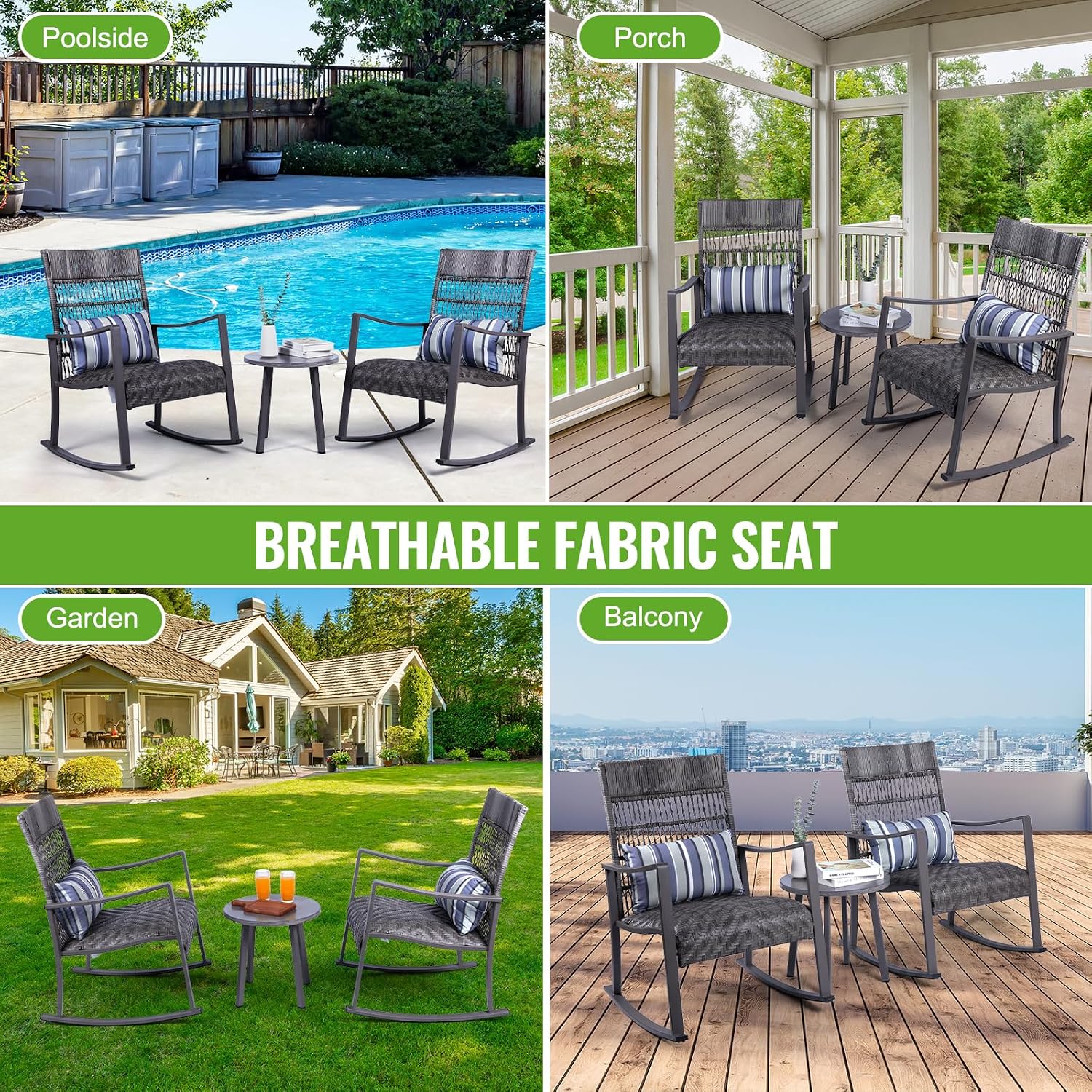 Backyard Expressions 3-Piece Wicker Patio Rocking Chair Set – Outdoor Rocker Chairs with Cushions and Faux Stone Table, All-Weather PE Rattan Porch Furniture for Deck, Balcony, or Garden