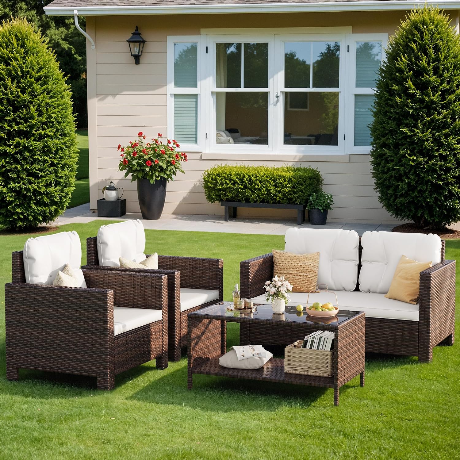 Homall 4 Pieces Patio Furniture Sets Rattan Chair Wicker Conversation Sofa Set, Outdoor Indoor Backyard Porch Garden Poolside Balcony Use (Beige)