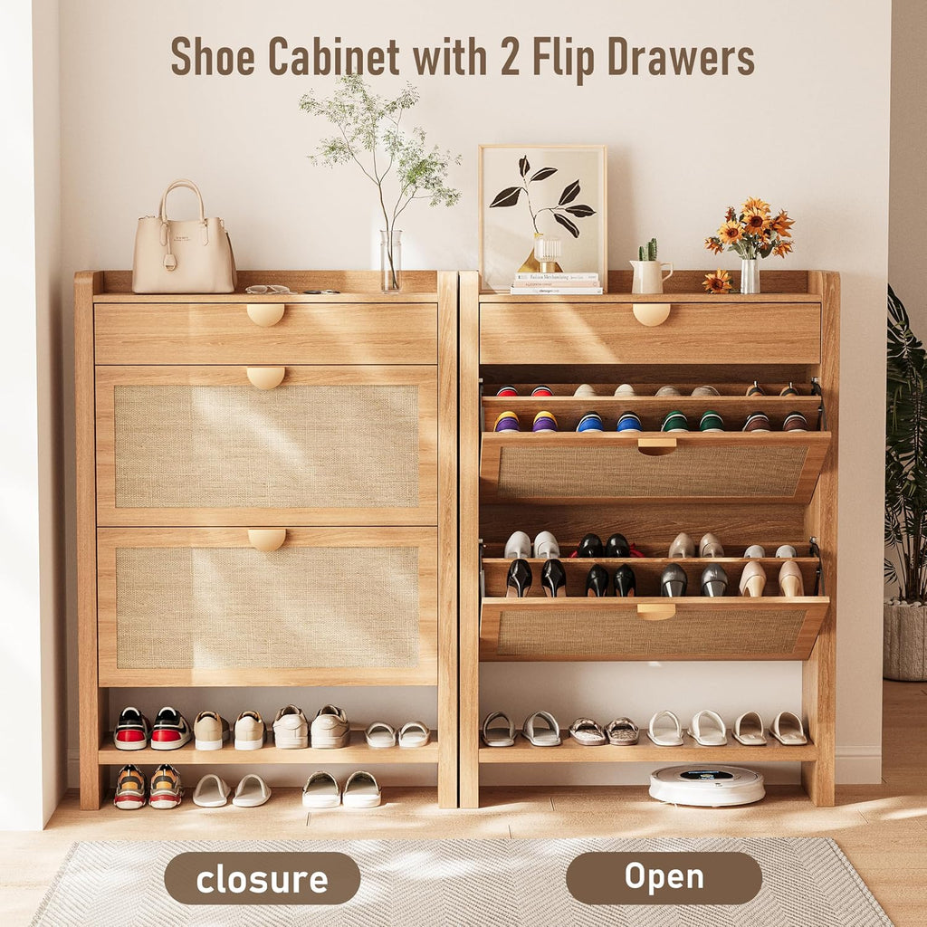INNOD Rattan Shoe Storage Cabinet, Shoe Organizer with 2 Flip Drawers, Narrow Shoe Cabinet, Free Standing Hidden Shoe Storage, Shoe Rack for Entryway/Hallway/Closet, Natural Oak