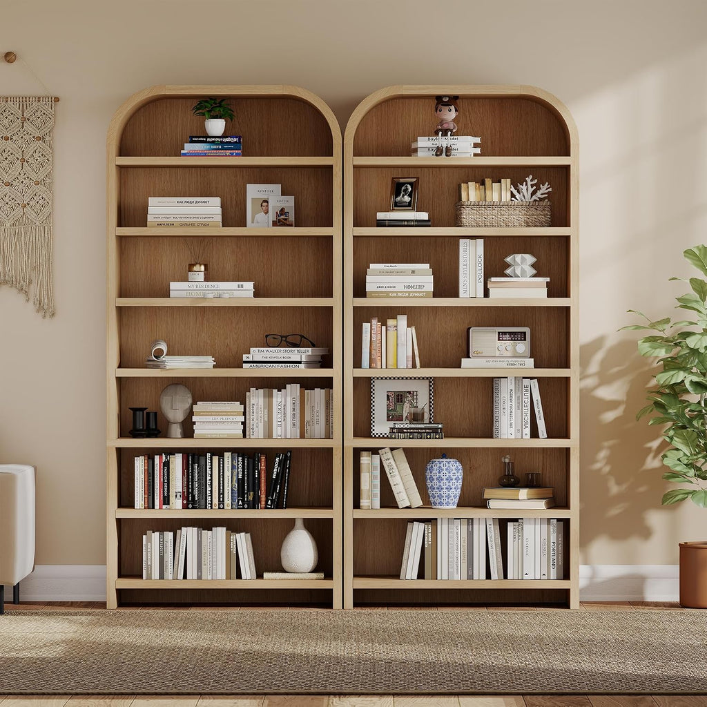 LEVNARY 70' Tall Arched Bookcase, 7-Tier Freestanding Storage Cabinet with Adjustable Shelves, Thick MDF Bookshelf for Bathroom Living Room Bedroom (Natural)