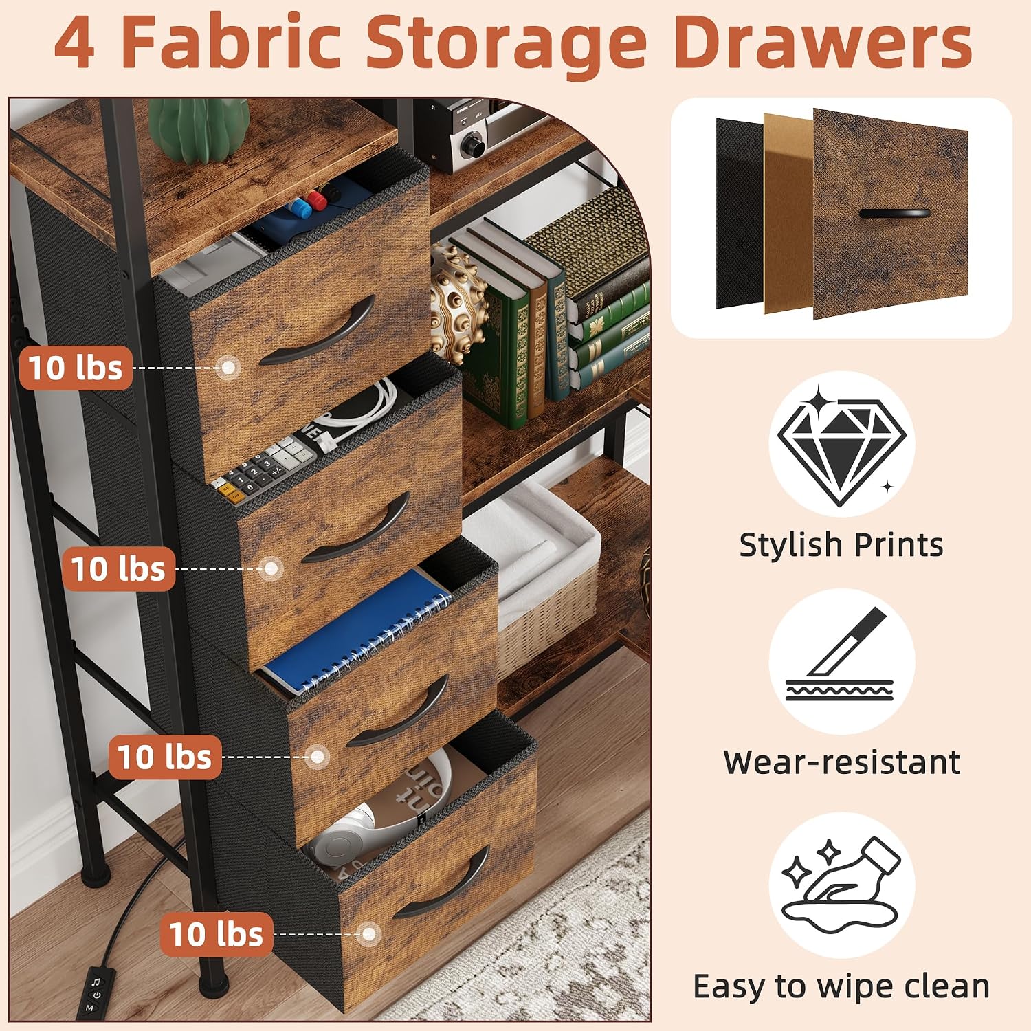 AFLUI Corner Bookshelf with LED Light Strips & 4 Fabric Drawers, 5-Tier Convertible Corner Shelf with Display Shelf, Large Wood Industrial Bookcase for Living Room, Bedroom, Home Office, Rustic Brown
