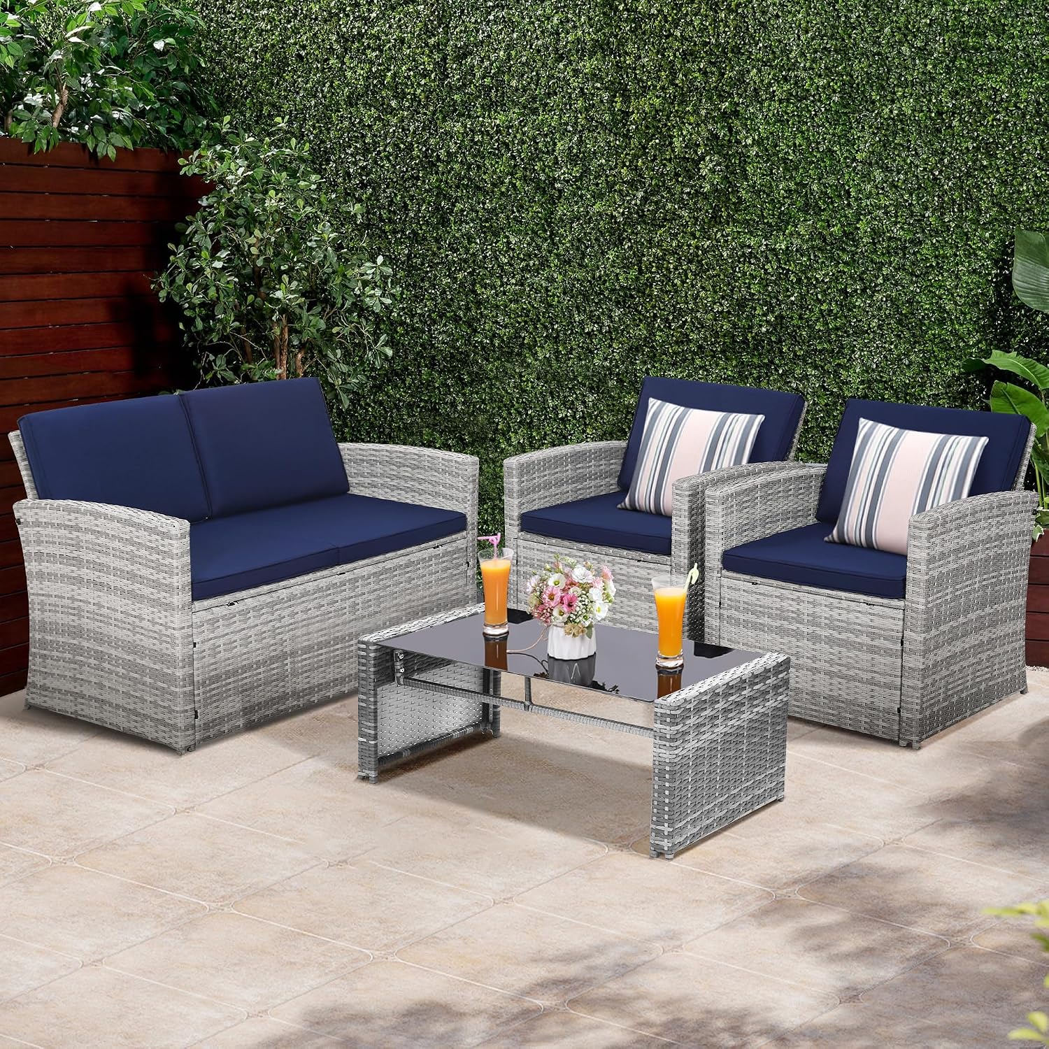 KROFEM 4-Piece Patio Furniture Set, Wicker Outdoor Rattan Sectional Sofa with Cushions and Glass Table, All-Weather Outdoor Conversation Set for Garden, Porch, Backyard, Patio, Blue