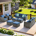 ovios Patio Furniture Set, 8 Pieces Outdoor Wicker Sofa Couch with Chairs, Ottomans and Comfy Cushions, All Weather High Back Rattan Conversation Set, Denim Blue