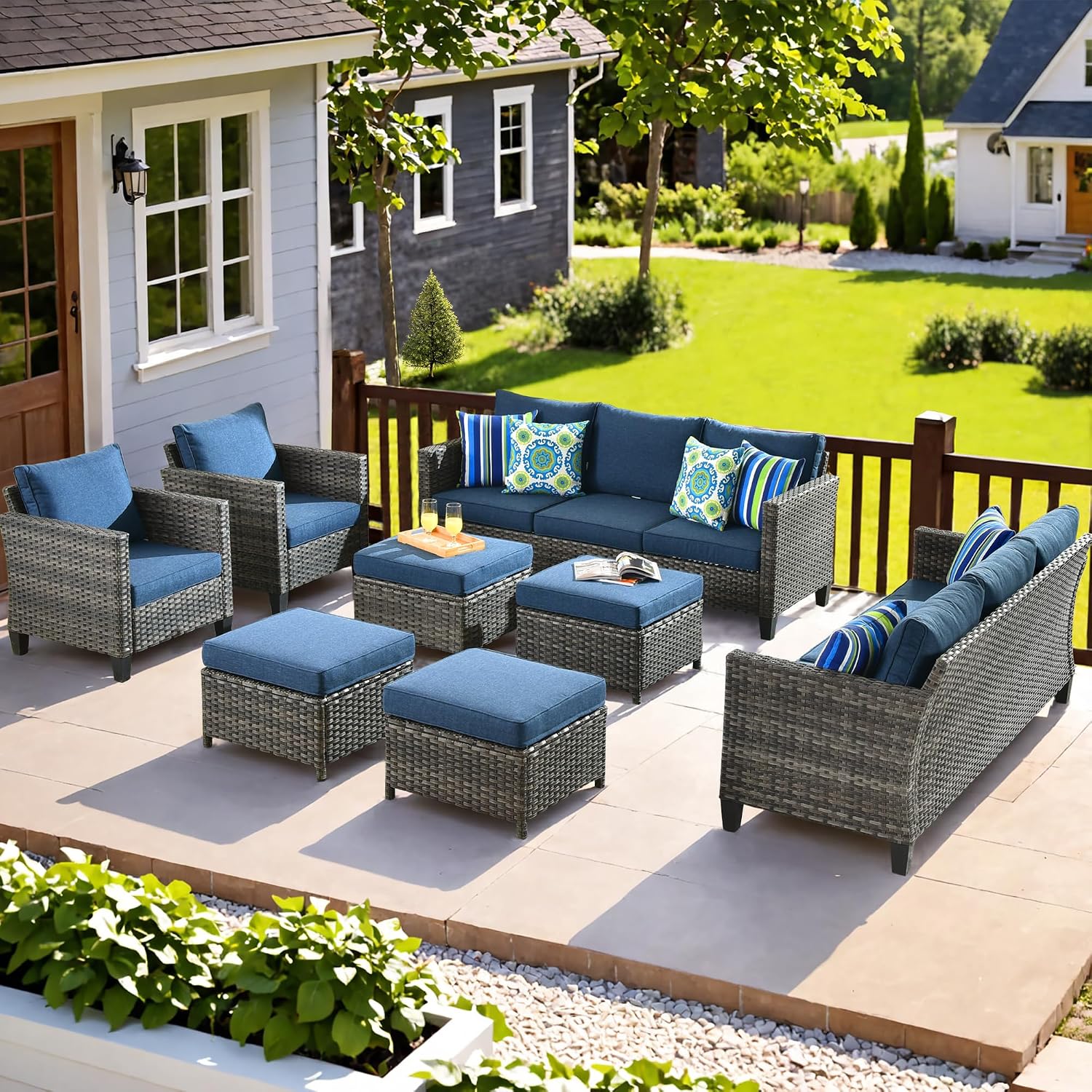 ovios Patio Furniture Set, 8 Pieces Outdoor Wicker Sofa Couch with Chairs, Ottomans and Comfy Cushions, All Weather High Back Rattan Conversation Set, Denim Blue