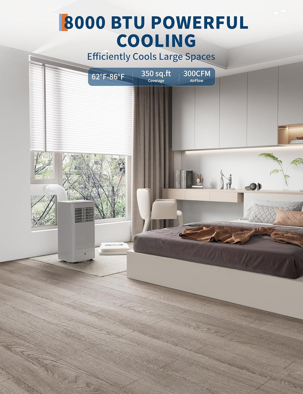 8000 BTU Portable Air Conditioner - Portable AC Unit for Bedroom up to 350 Sq. Ft, Cooling, Fan & Dehumidifier, Floor Standing Air Conditioner, 24H Timer, Window Kit Included, Black&Grey Top Cover