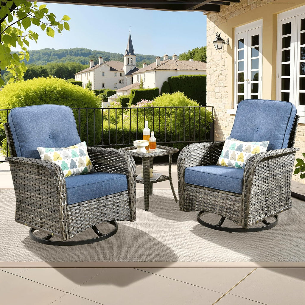 ovios 3-Piece Patio Furniture Set, Outdoor Wicker Sofa with Swivel Chairs, High Back Rattan Gliders Rocker with Comfy Cushions for Porch Yard Deck, Denim Blue
