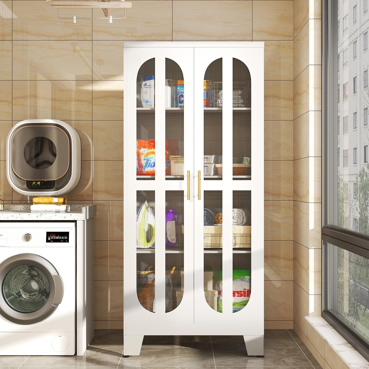erosoei Metal Kitchen Pantry Storage Cabinet,Food Pantries Cabinets with Acrylic Glass Doors and Adjustable Shelves,Storage Cupboard for Kitchen, Living Room, Laundry Room and Dinning Room 61.02'H