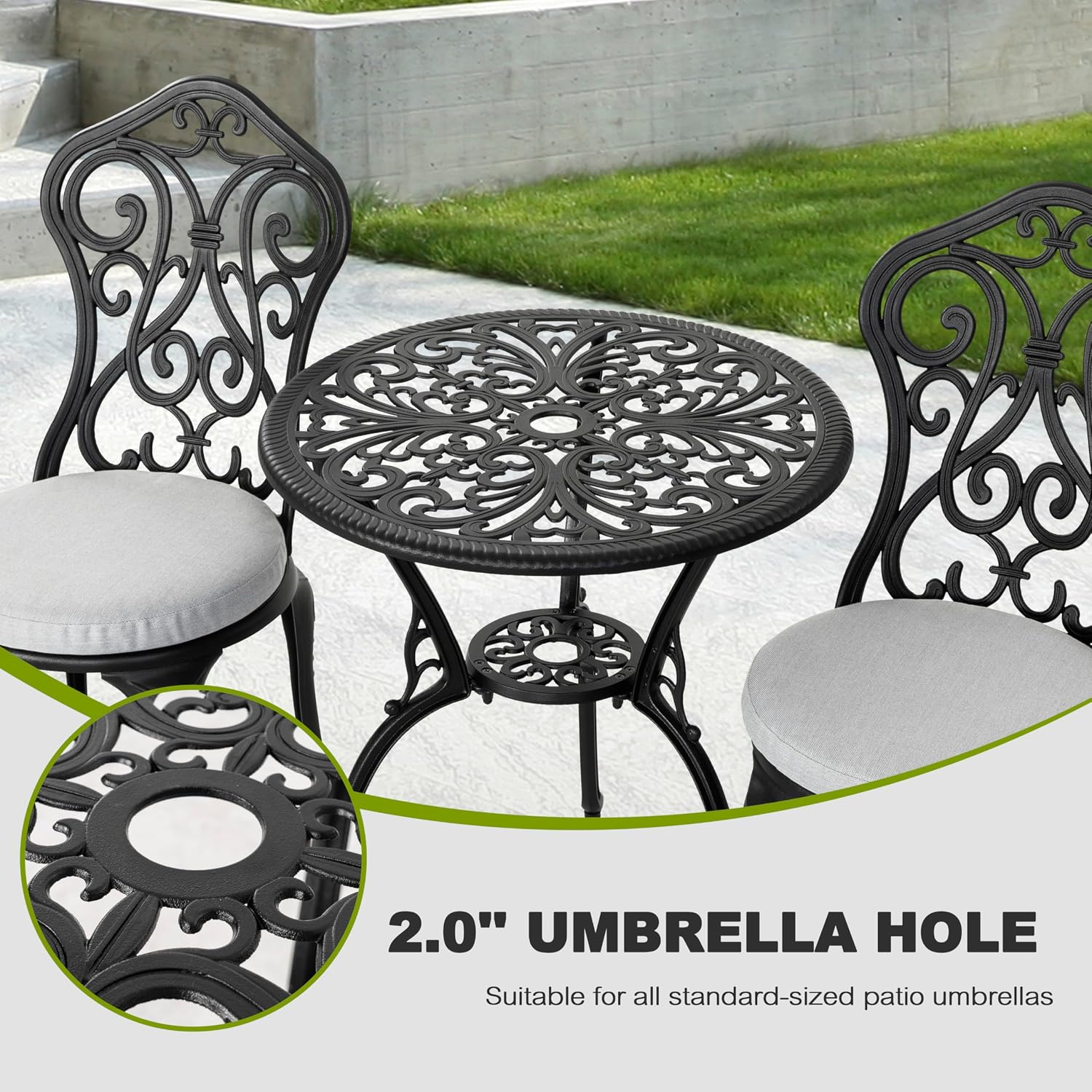 NUU GARDEN Patio 3-Piece Bistro Set with Olefin Cushions, Patio Chairs and Outdoor Round Table with Umbrella Hole, Cast Aluminum Patio Set for Lawn, Garden, Porch, Poolside, Black