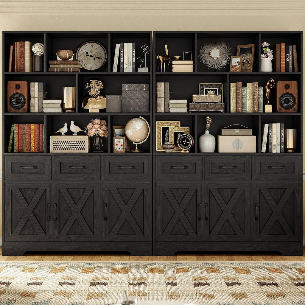 IRONCK Bookshelf with Drawers & Doors, Tall Bookshelf, Bookcase with Cabinets for Home Office, Living Room, Black