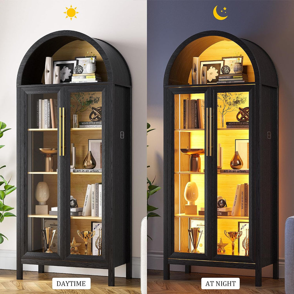 HWB Display Cabinet with Glass Doors, 5-Tier Tall Curio Cabinet with Lights for Collectibles, LED Display Case for Book/Medal/Figure, Black