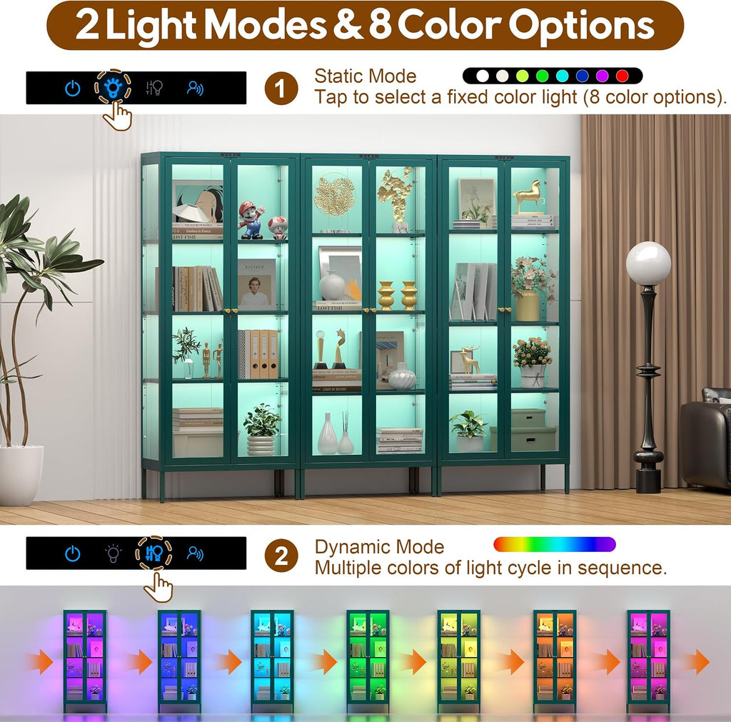 UNICOLY Display Cabinet with Glass Doors, Glass Display Cabinet with 8 Color LED Lights, Curio Display Cabinet with 3 Shelves for Living Room, Plant, Display Shelf, Assembly Required, Green