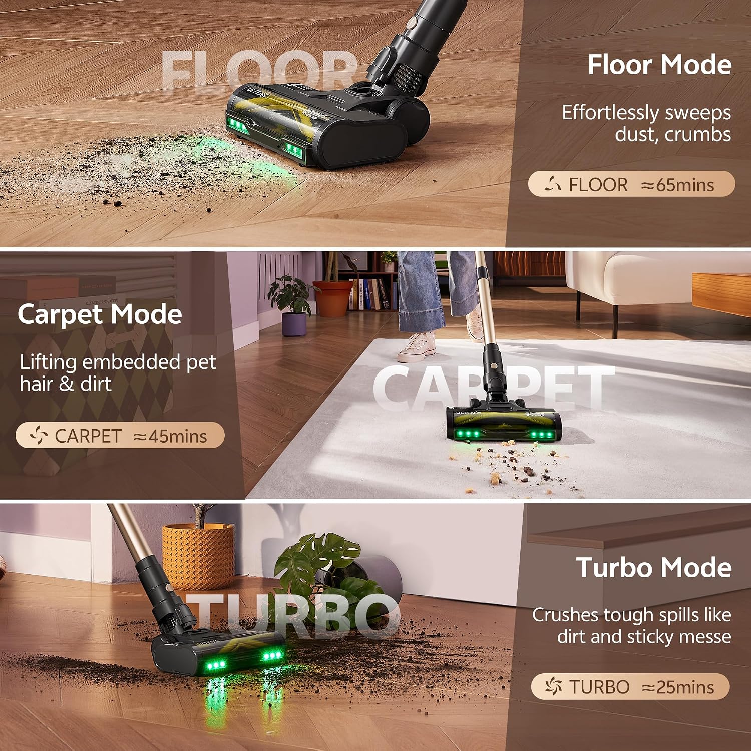 Ultenic Cordless Vacuum Cleaner, 600W 60KPA 65Mins Vacuum Cleaners for Home, Stick Vacuum Cordless with Touch Screen, Self-Standing, 180° Lay-Flat, Anti-Tangle Brush for All Floors/Pet Hair/Carpets