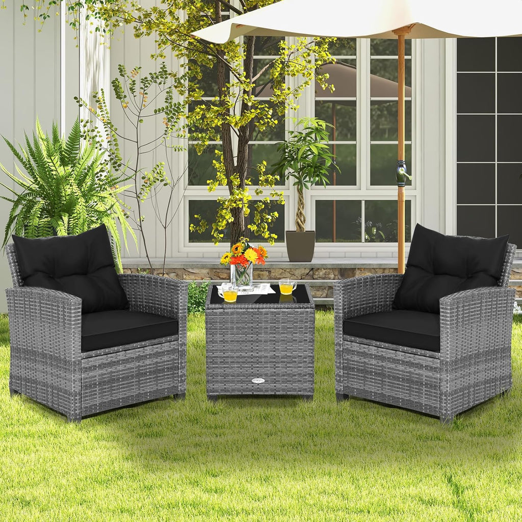 Tangkula 3 Pieces Patio Furniture Set, Outdoor PE Rattan Conversation Chair Set with Tempered Glass Side Table and Removable Cushions, PE Wicker Chairs and Table Set for Porch, Balcony and Garden