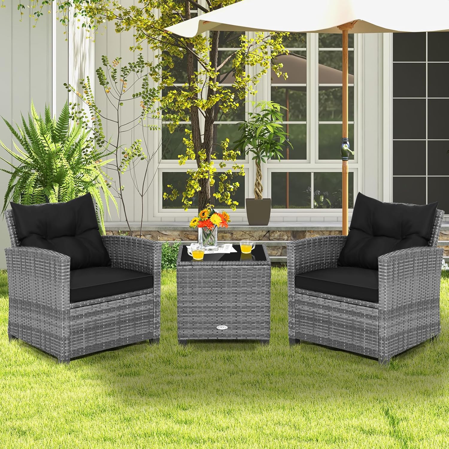 Tangkula 3 Pieces Patio Furniture Set, Outdoor PE Rattan Conversation Chair Set with Tempered Glass Side Table and Removable Cushions, PE Wicker Chairs and Table Set for Porch, Balcony and Garden