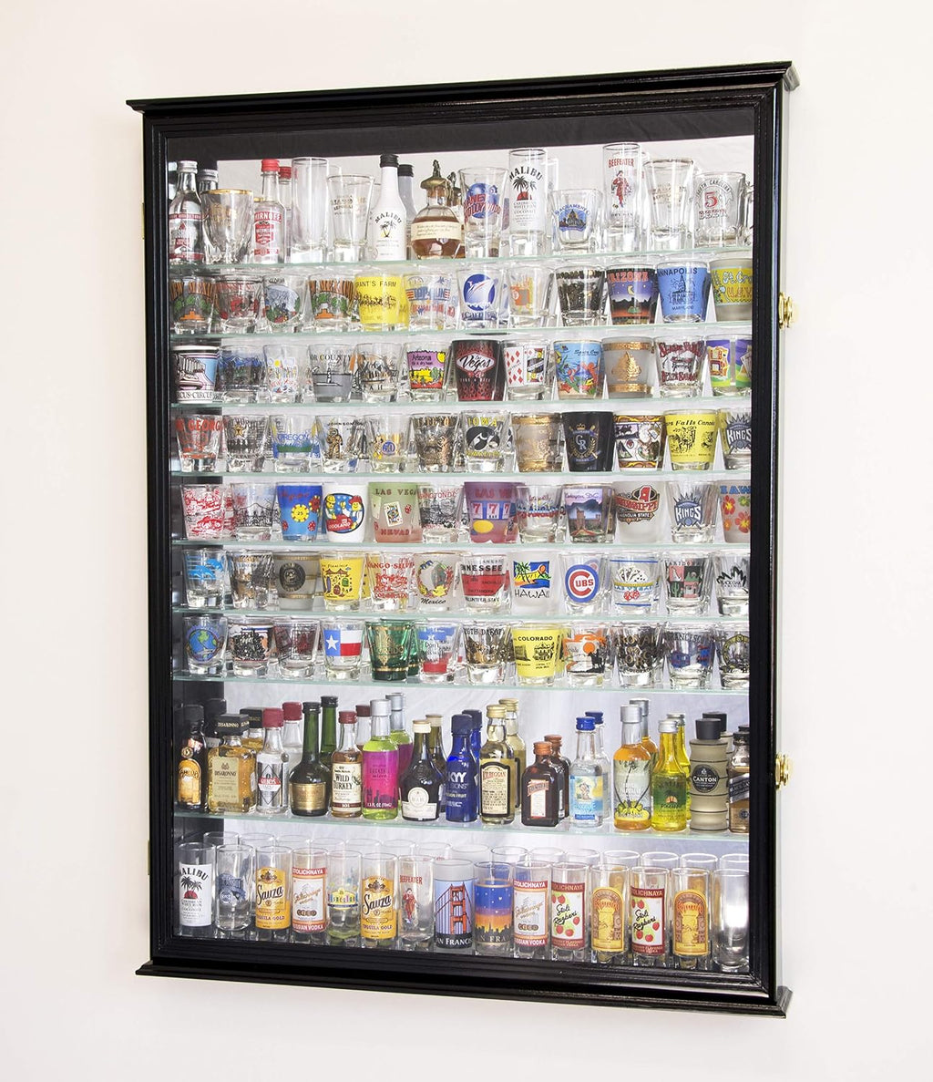 XL Shot Glass Display Case Rack Holder Cabinet w/Mirror Backed and 11 Glass Shelves -Black