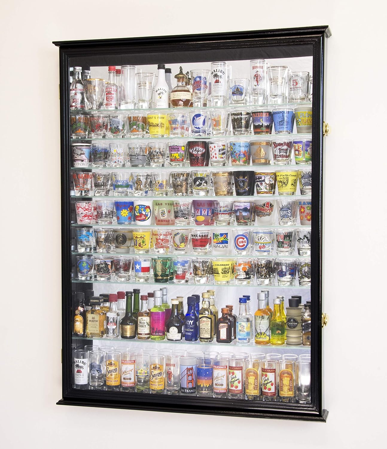 XL Shot Glass Display Case Rack Holder Cabinet w/Mirror Backed and 11 Glass Shelves -Black