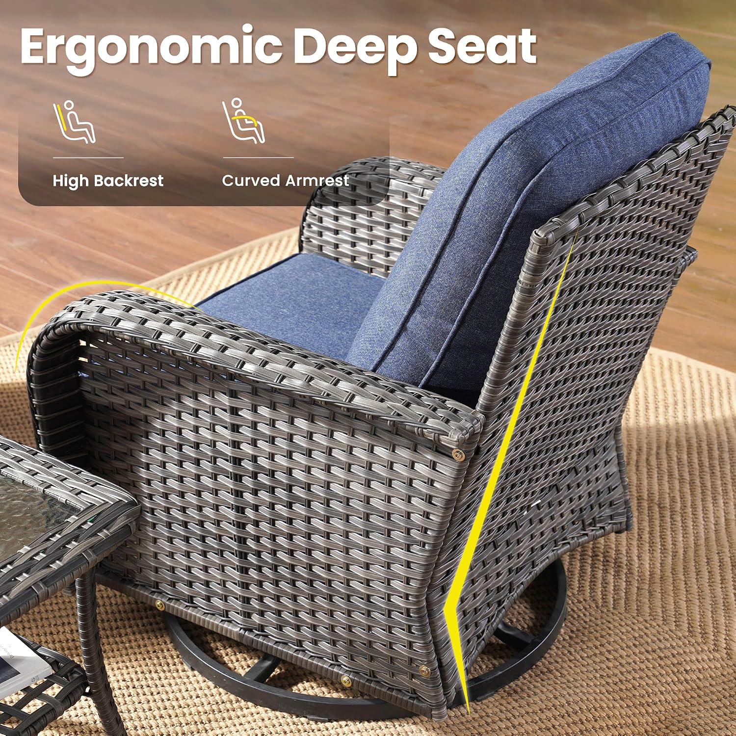 ovios 3-Piece Patio Furniture Set, Outdoor Wicker Sofa with Swivel Chairs, High Back Rattan Gliders Rocker with Comfy Cushions for Porch Yard Deck, Denim Blue