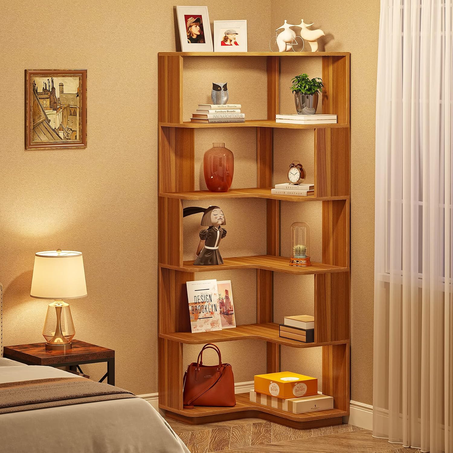 LITTLE TREE 6-Shelf Corner Bookshelf, 65' Tall L Shaped Bookcase, 6-Tier Industrial Corner Shelf Storage Display Rack for Living Room Home Office, Wood Grain Walnut