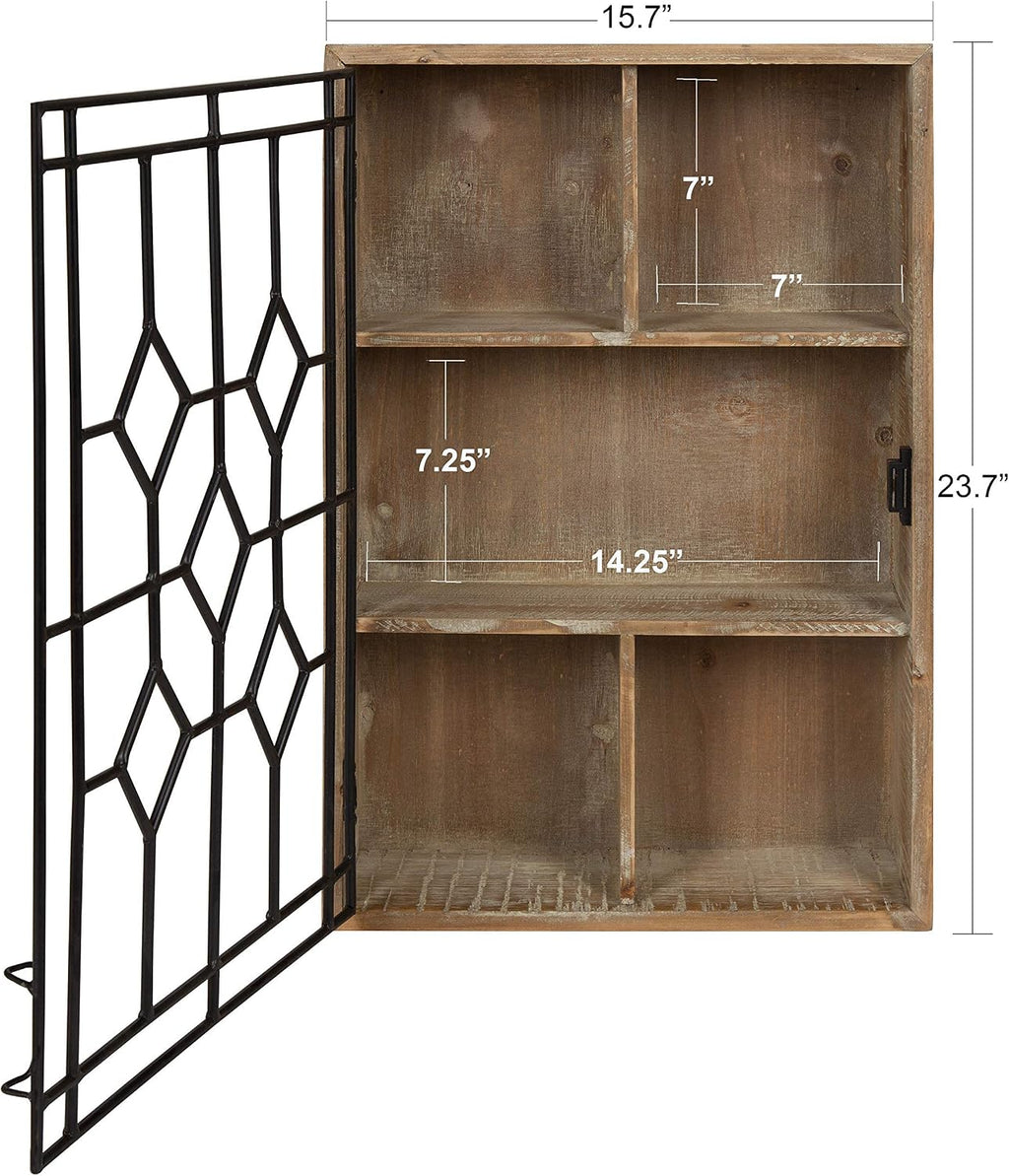 Kate and Laurel Megara Decorative Wooden Wall Hanging Curio Cabinet for Open Storage with Decorative Black Iron Door, Rustic Brown