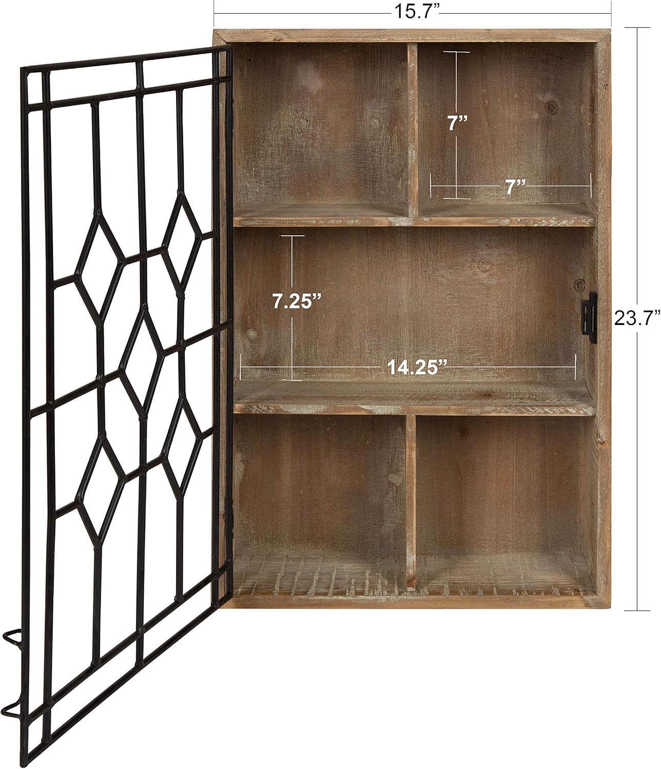 Kate and Laurel Megara Decorative Wooden Wall Hanging Curio Cabinet for Open Storage with Decorative Black Iron Door, Rustic Brown