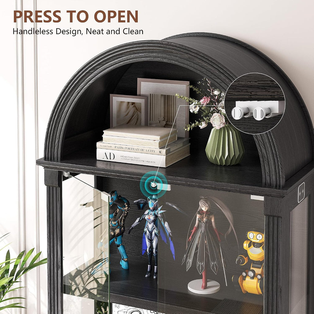 TAGELIER Display Cabinet with Glass Doors, 72' Tall Arched Curio Cabinet with Human Sensor Lights, 4-Tier Glass Display Case for Collectibles Bookcase Living Room Office, Black