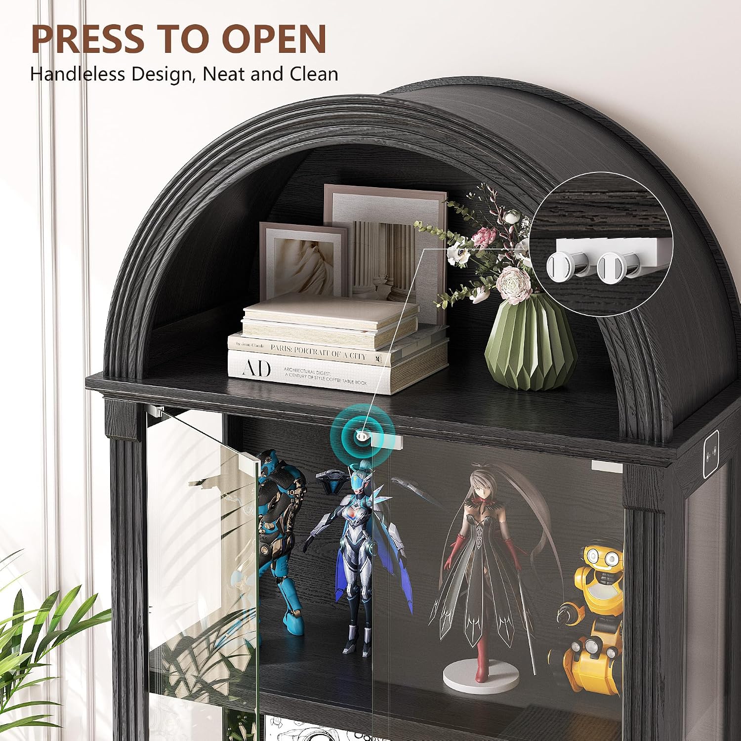 TAGELIER Display Cabinet with Glass Doors, 72' Tall Arched Curio Cabinet with Human Sensor Lights, 4-Tier Glass Display Case for Collectibles Bookcase Living Room Office, Black