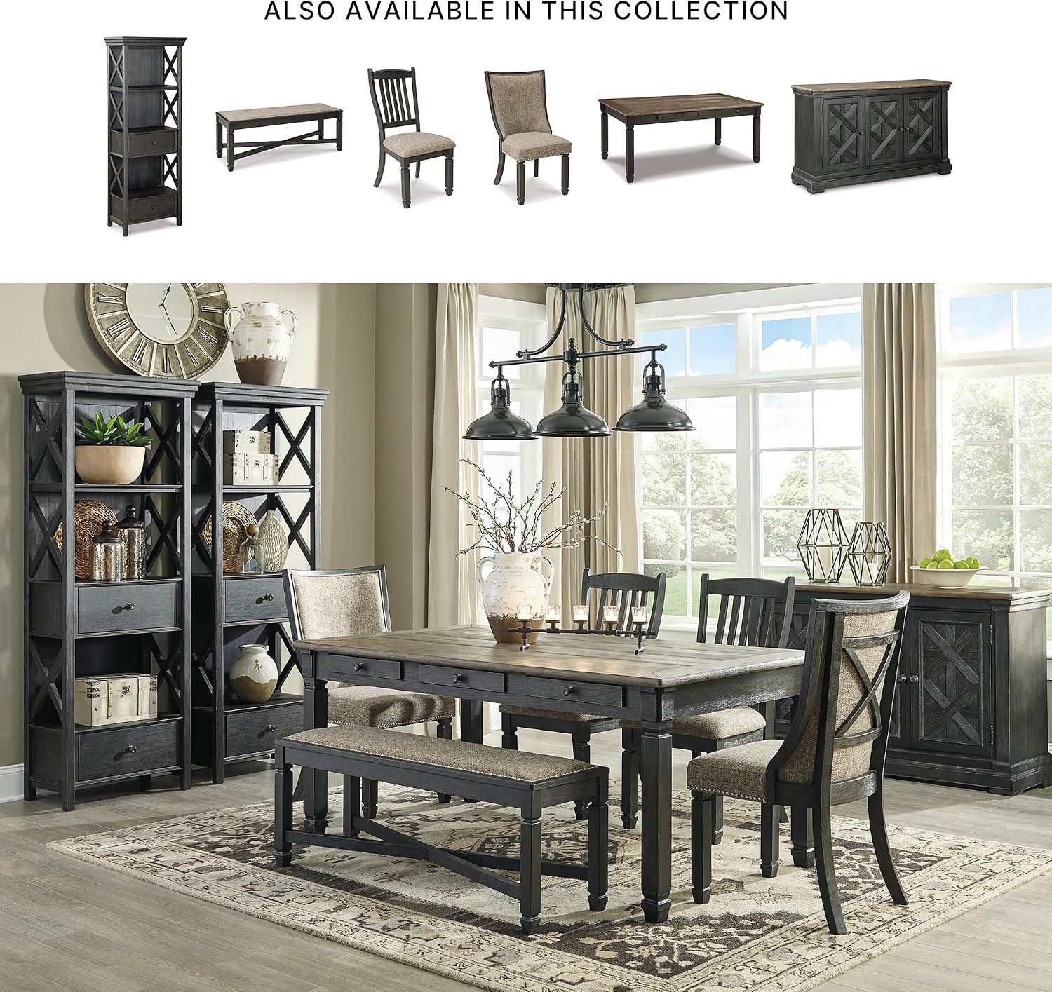 Signature Design by Ashley Tyler Creek Casual Farmhouse 75' Display Cabinet or Bookcase with Drawers and Shelf, Open Lattice Sides, Wood, Gray Black Finish