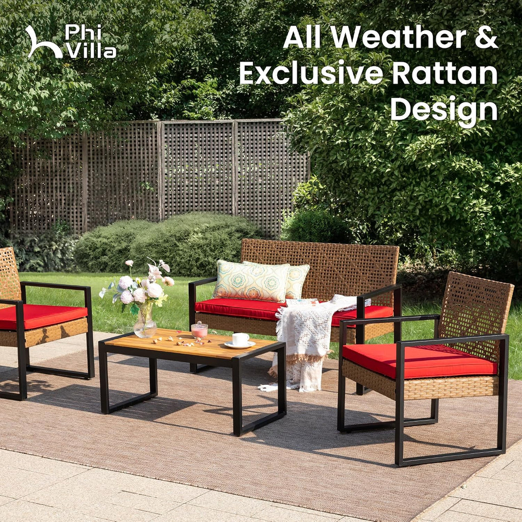 PHI VILLA Patio Wicker Furniture Set for 4, Brown Rattan Loveseat & Chairs with Red Cushions & Acacia Wood Coffee Table, Outdoor Modern Conversation Sofa Set for Deck, Yard, Porch
