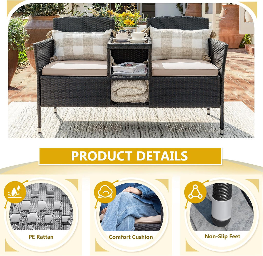 Devoko Outdoor Patio Loveseat Modern Rattan 2-Seat Patio Conversation Set with Cushions & Built-in Coffee Table Porch Furniture for Garden Lawn Backyard (Beige)