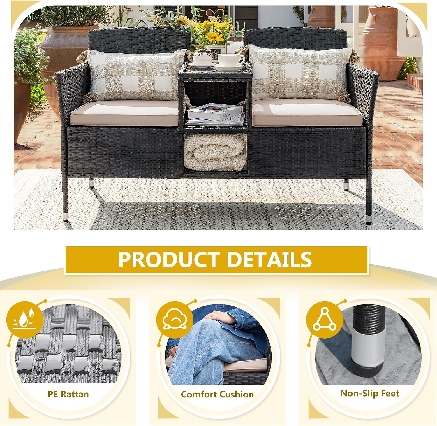 Devoko Outdoor Patio Loveseat Modern Rattan 2-Seat Patio Conversation Set with Cushions & Built-in Coffee Table Porch Furniture for Garden Lawn Backyard (Beige)