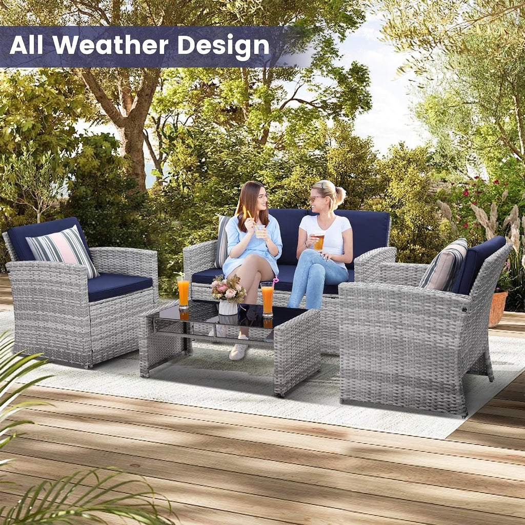 KROFEM 4-Piece Patio Furniture Set, Wicker Outdoor Rattan Sectional Sofa with Cushions and Glass Table, All-Weather Outdoor Conversation Set for Garden, Porch, Backyard, Patio, Blue