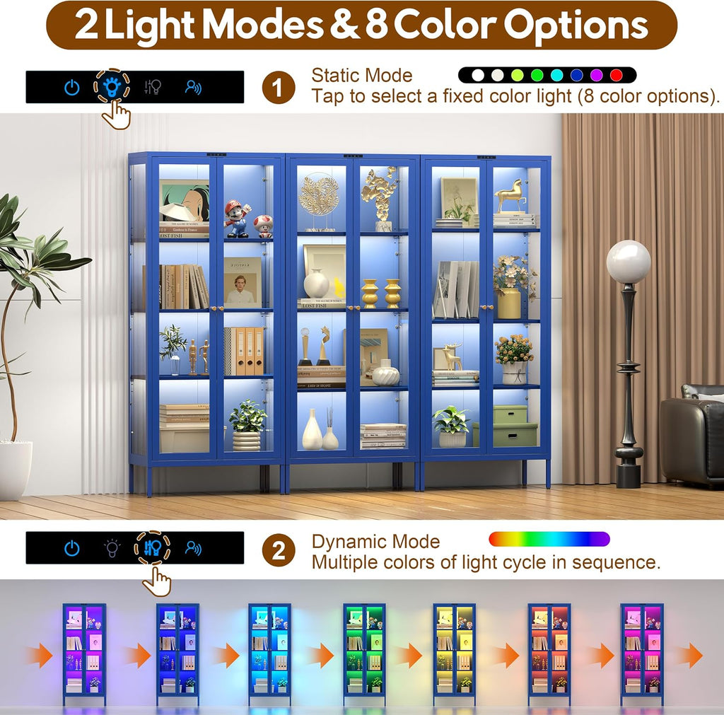 UNICOLY Display Cabinet with Glass Doors, Glass Display Cabinet with 8 Color LED Lights, Curio Display Cabinet with 3 Shelves for Living Room, Plant, Display Shelf, Assembly Required, Blue