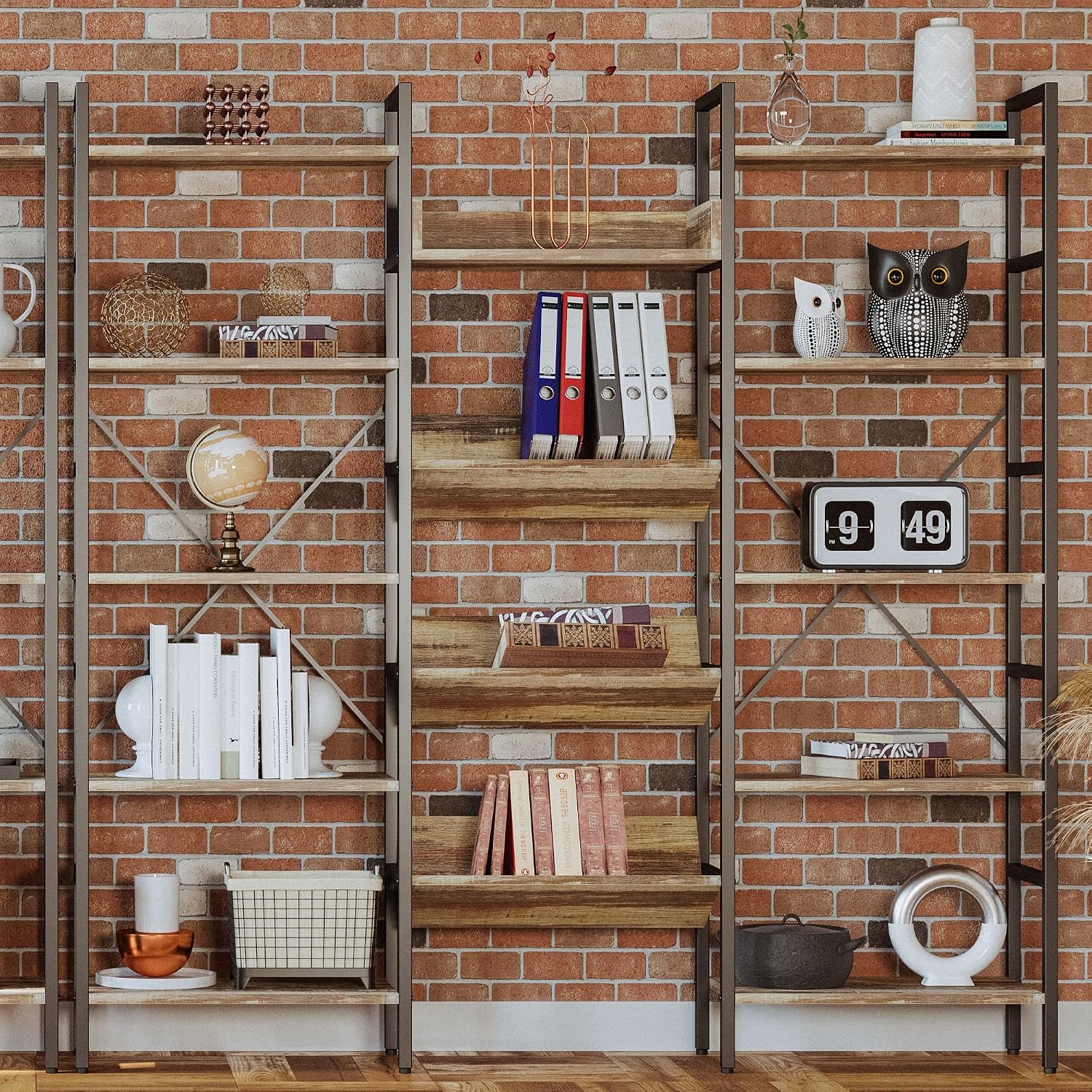 IRONCK Bookshelf, Bookshelves and Bookcases, Triple Wide 5 Tiers Book Shelf with Baffles, Industrial Bookshelf with Metal Frame for Living Room, Home Office