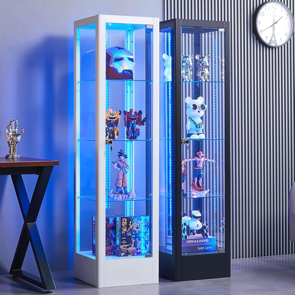 BECHAEO Glass Display Cabinet with 12 Color Lights and Lock, 4-Tier Curio Cabinet with Tempered Glass Door, Adjustable Shelves, 63' Metal Display Case for Collectibles Living Room, Black
