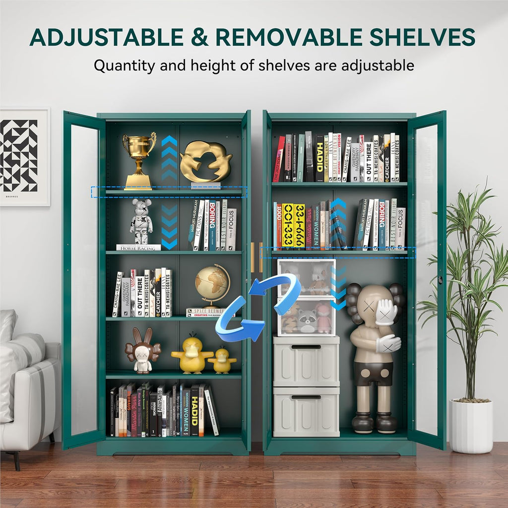 Polup Curio Cabinets with Glass Doors, 71' Glass Display Cabinet with Lock, Tall Bookcase with Adjustable Shelves, Locking China Cabinet for Living Room, School, Commercial, Office, Plant, Green