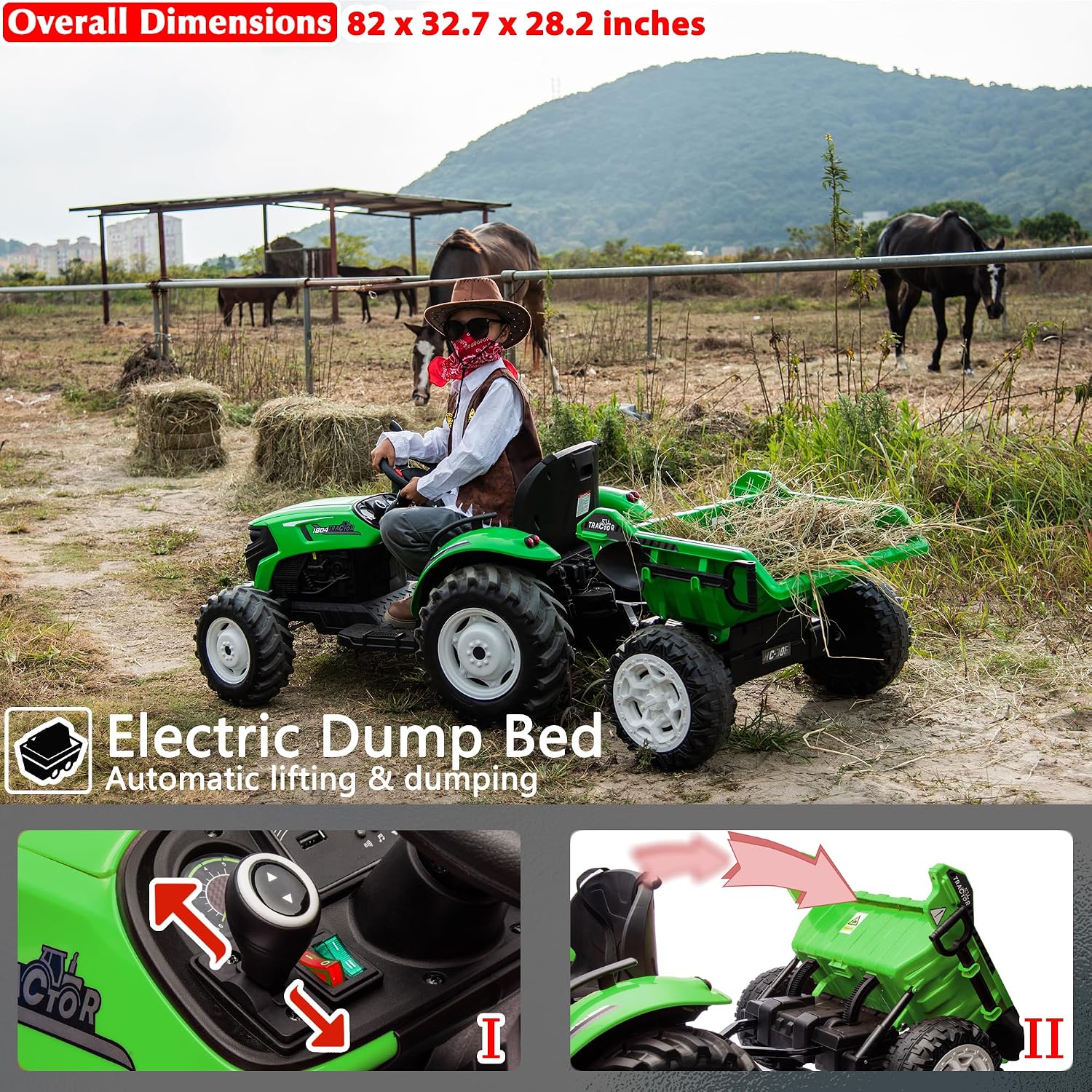 sopbost 24V 10Ah Ride On Toy for Big Kids 6+ 2WD Ride On Tractor with Electric Trailer, Remote Control, Extra Large EVA Wheels, 200 Lbs Load Capacity, Rear Suspension - Green