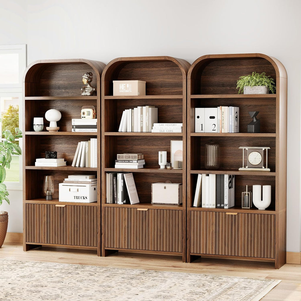 LEVNARY Arched Bookcase with Drawer, 70' Tall 5-Tier Bookshelf with Fluted Carved Drawer, Freestanding Display Storage Cabinet for Living Room Bedroom Home Office (Walnut)