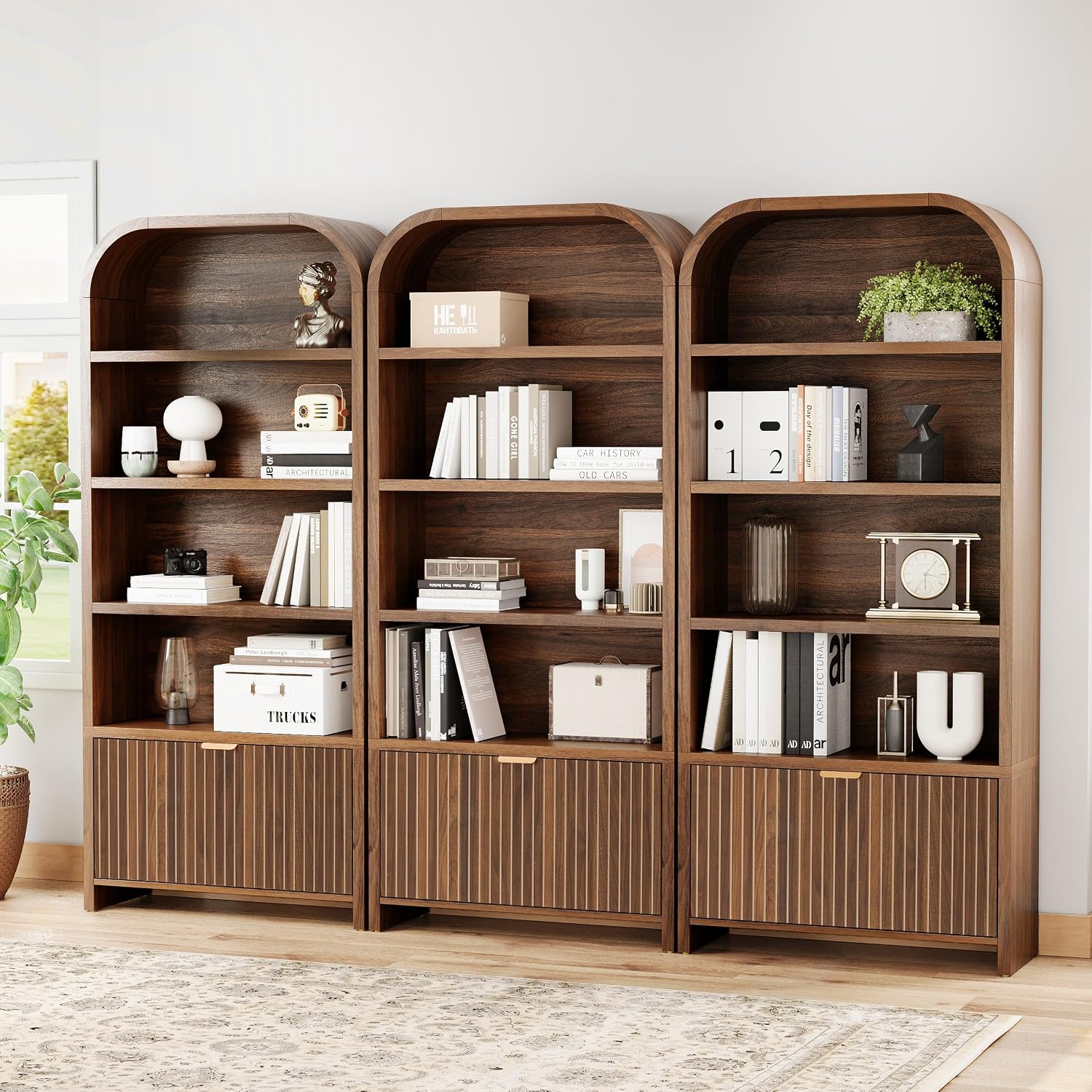 LEVNARY Arched Bookcase with Drawer, 70' Tall 5-Tier Bookshelf with Fluted Carved Drawer, Freestanding Display Storage Cabinet for Living Room Bedroom Home Office (Walnut)