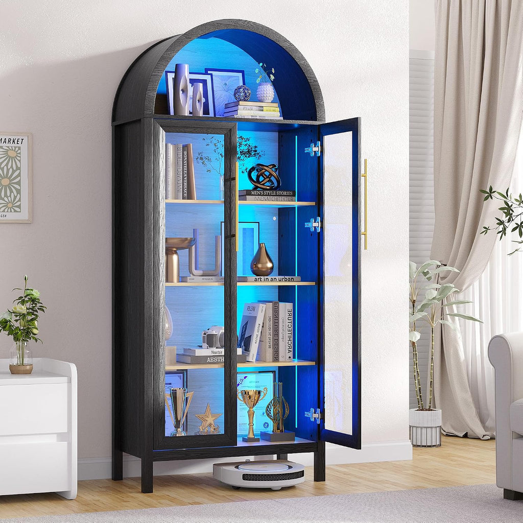 HWB Display Curio Cabinet with Glass Doors, Arched Bookcase 5-Tier Tall Storage Cabinet for Collectibles, Display Case with 3 Color Lights, Human Sensor Design, Black