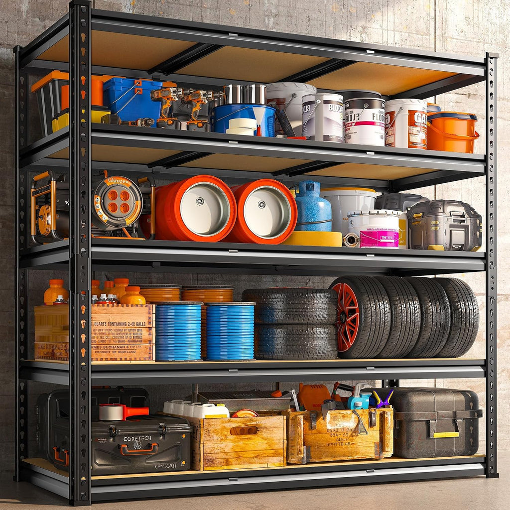 REIBII 48' W Garage Shelving 3020LBS Storage Shelves 5 Tier Industrial Shelving Adjustable Metal Storage Shelves for Garage, Basement, Warehouse, Commercial, Easy Assemble, 48' W x 72' H x 24' D, 2PC