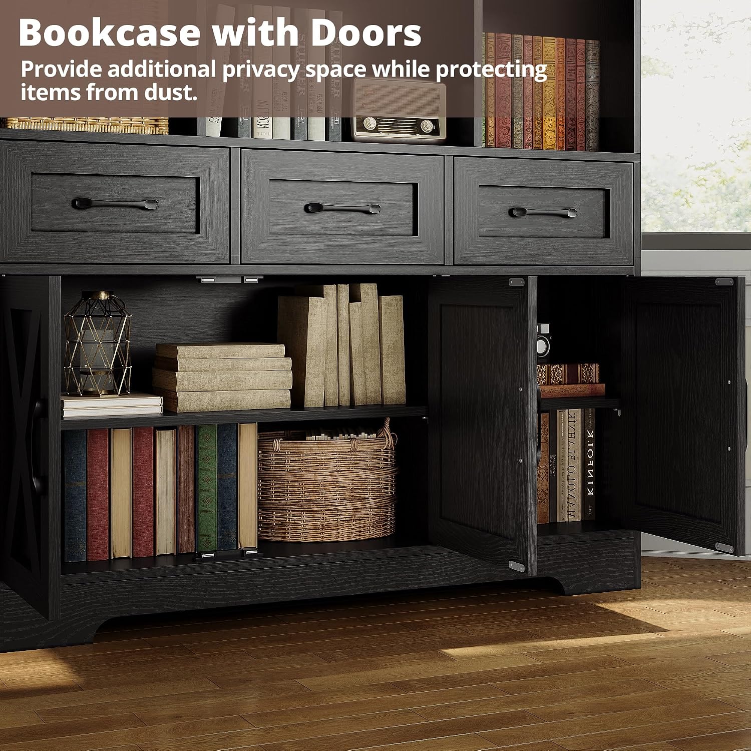 IRONCK Bookshelf with Drawers & Doors, Tall Bookshelf, Bookcase with Cabinets for Home Office, Living Room, Black